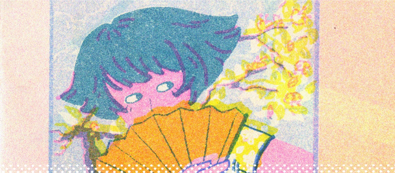 Riso print of a pink skinned figure with a sharp teal bob holding an orange fan against a flowering tree background.