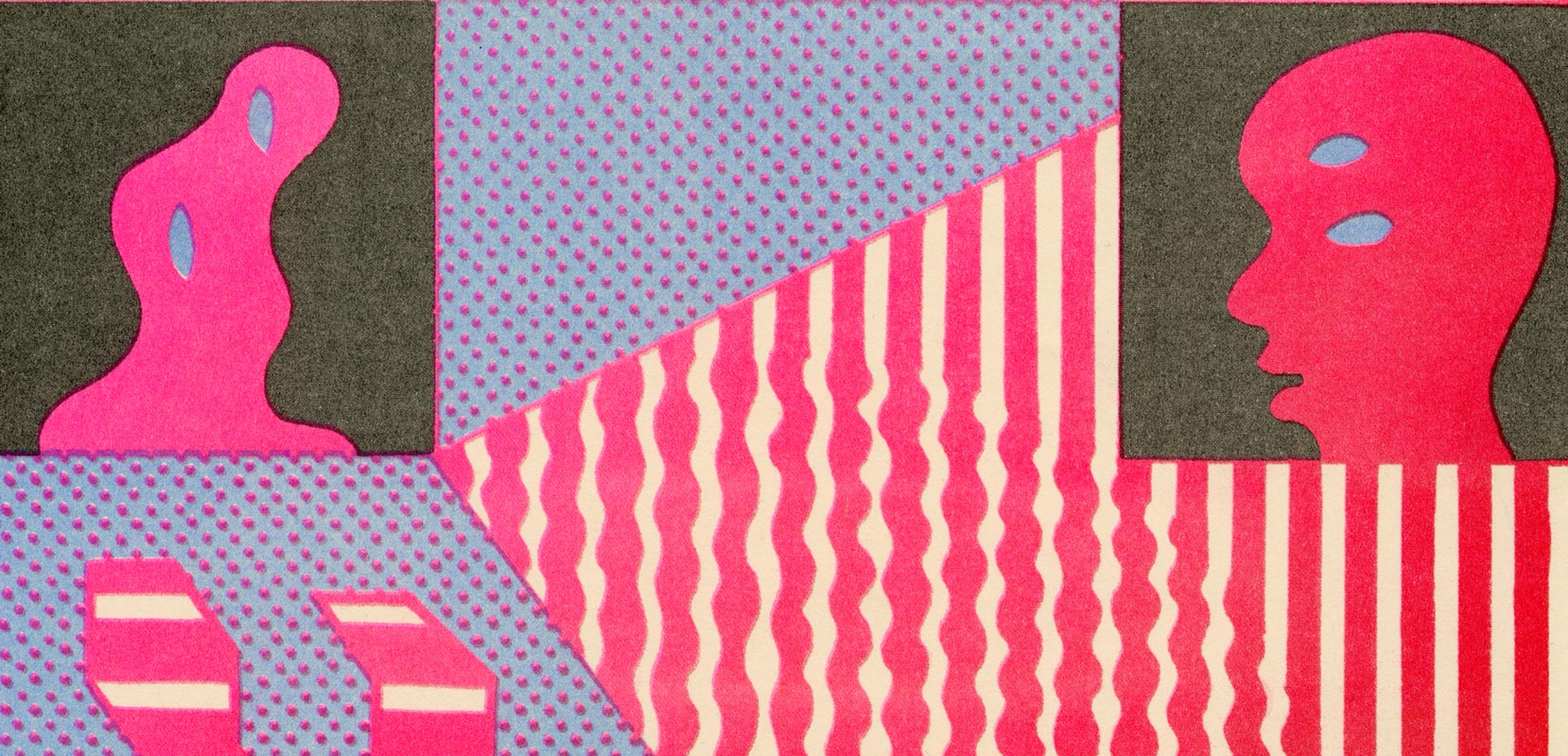 Abstracted geometric sections with different patterns and images inside in bright red, yellow, green and blue.