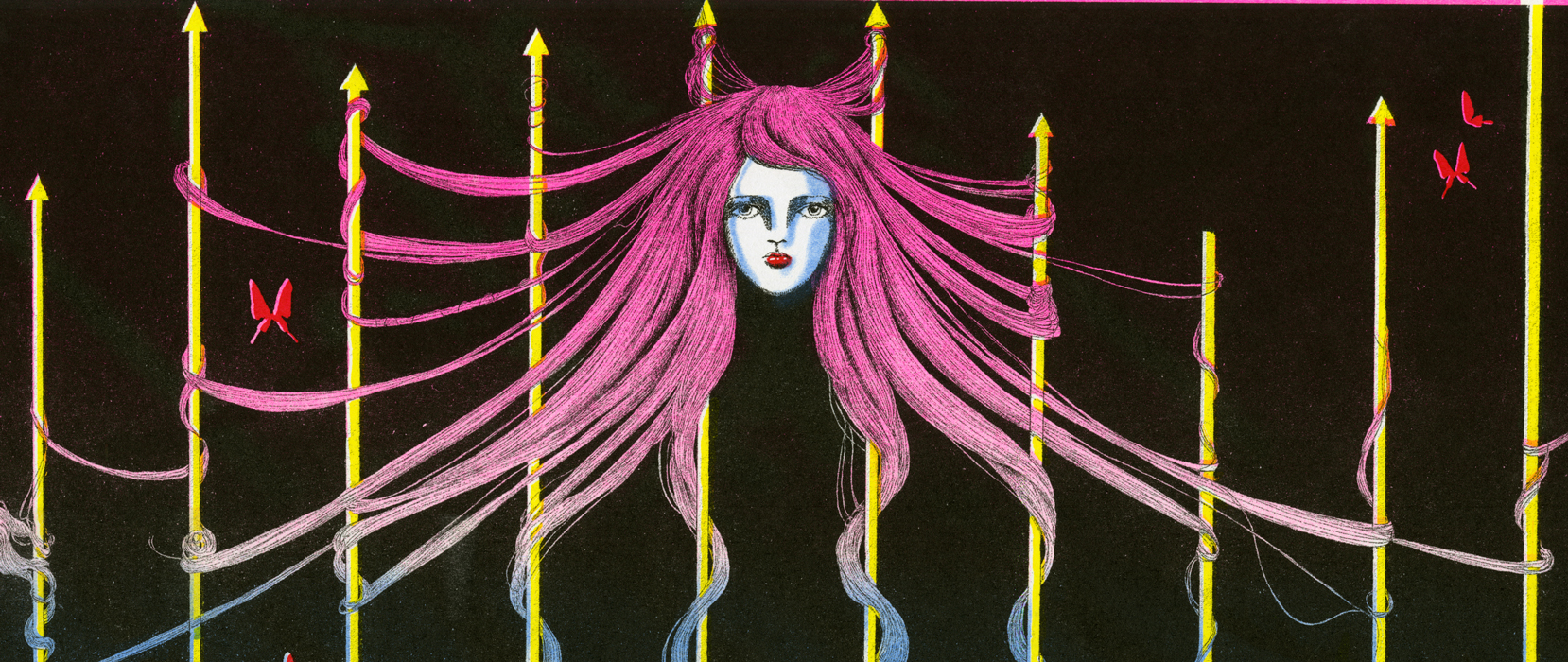 Riso print of a pale floating head with sections of long pink hair wrapping around multiple parallel yellow rods against a black background.