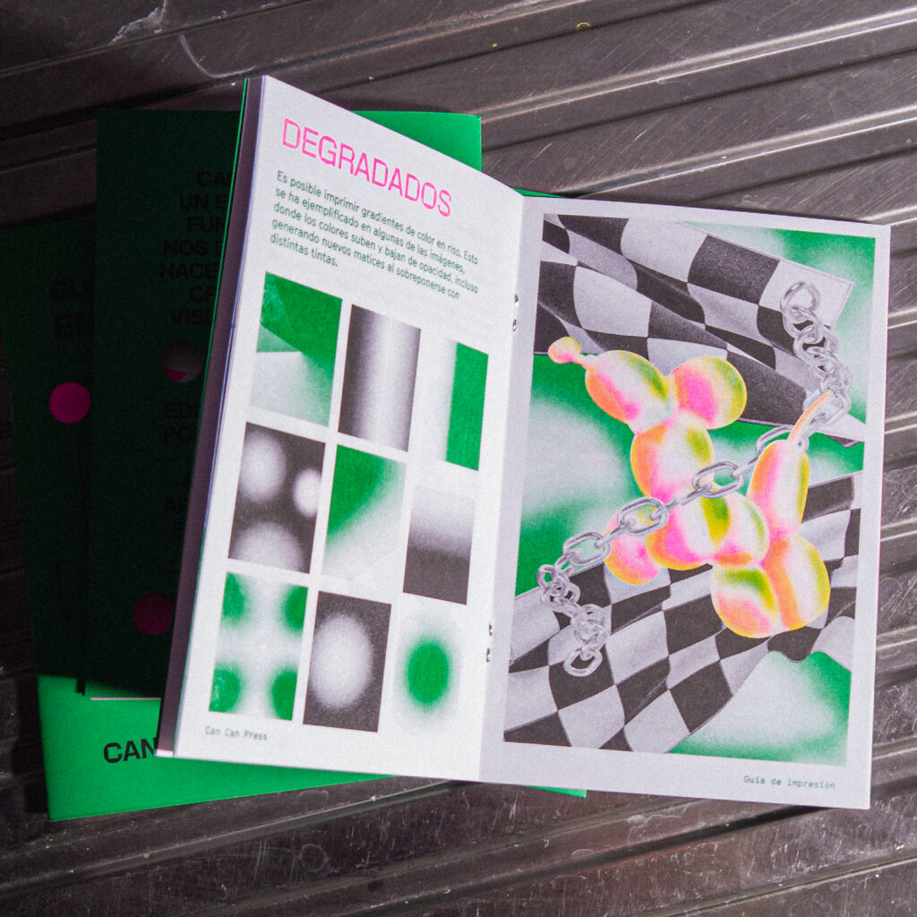 Open spread of a zine, the left page is a grid of gradients printed in black and green with Spanish text, the right page is a colorful balloon animal against monochromatic chains, checkerboard fabric and a green abstracted gradient background.