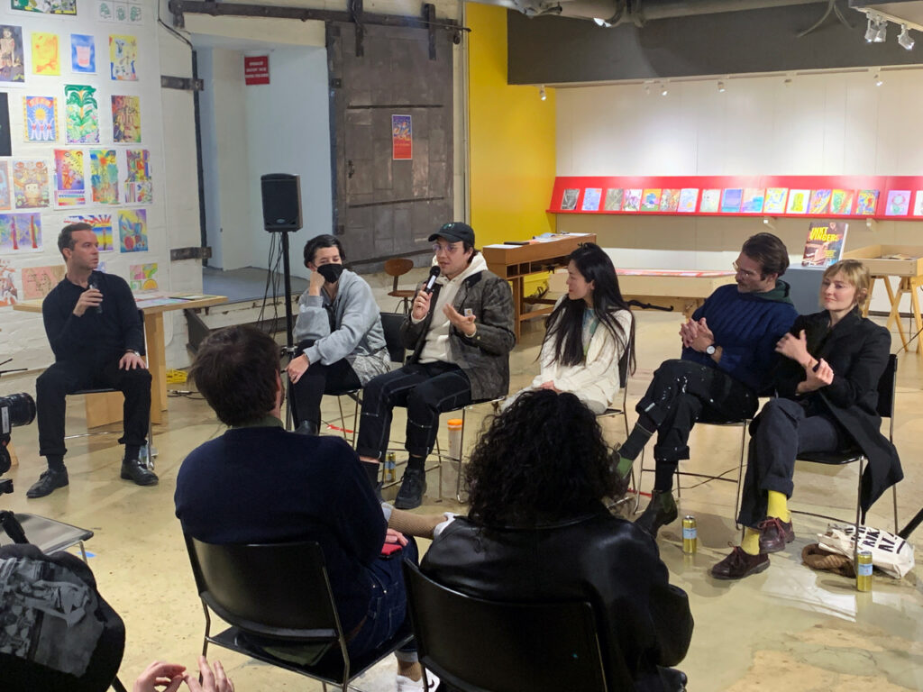 Photo of a panel discussion with Caroline Paquita-Kern, Robert Blair, Jinhee Han, Aidan Fitzgerald, and Kelli Anderson moderated by Panayiotis Terzis in the Printing the Future exhibition space.