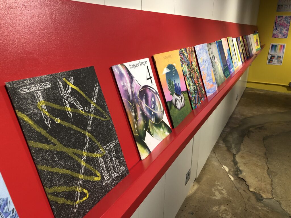 Photograph of Printing the Future exhibition, zines and books on a shelf against the wall.