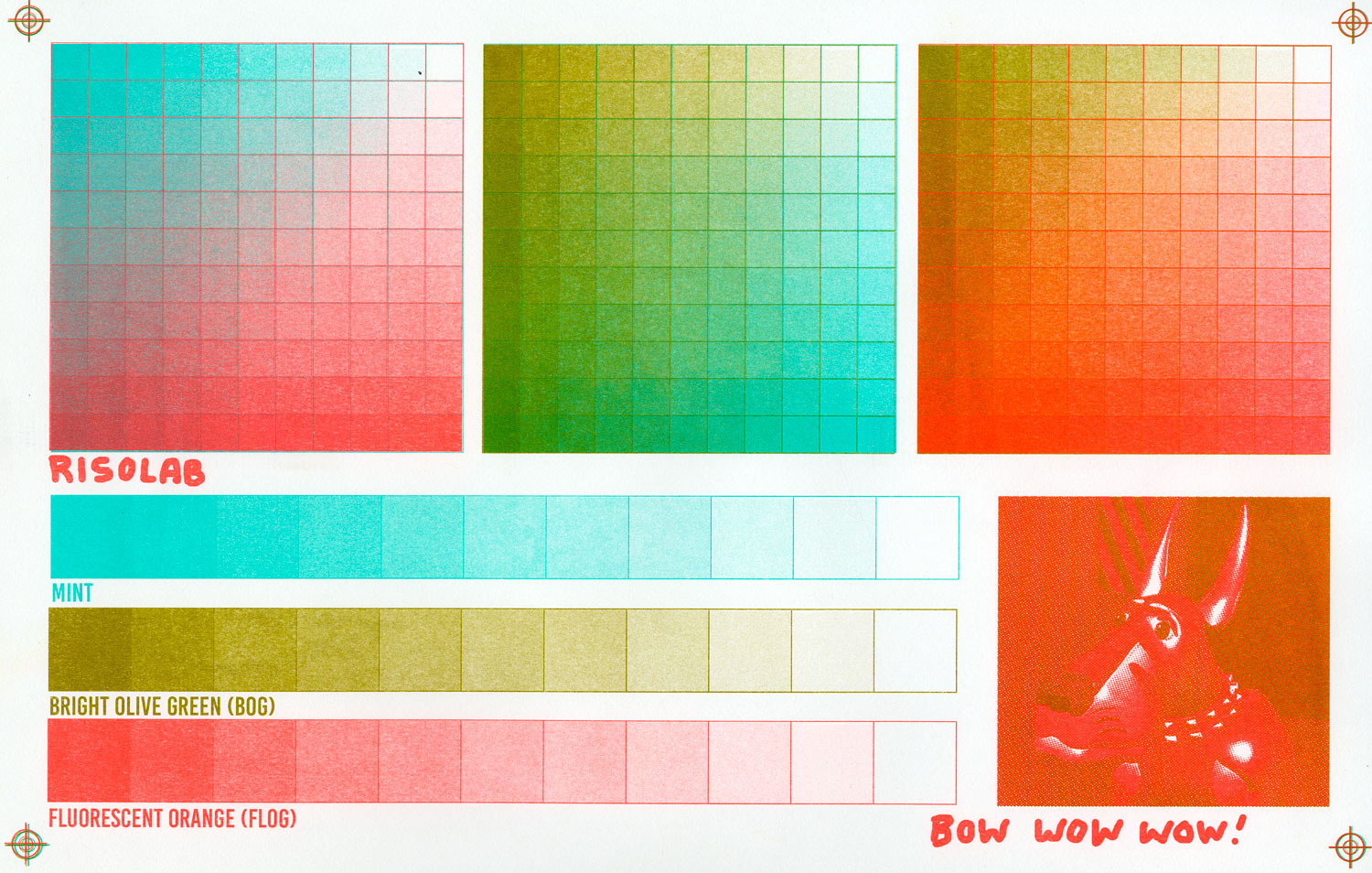 A 3-color Color Chart in Mint, Fluorescent Orange, and Bright Olive Green, with 3 different charts showing each 2-color combination.