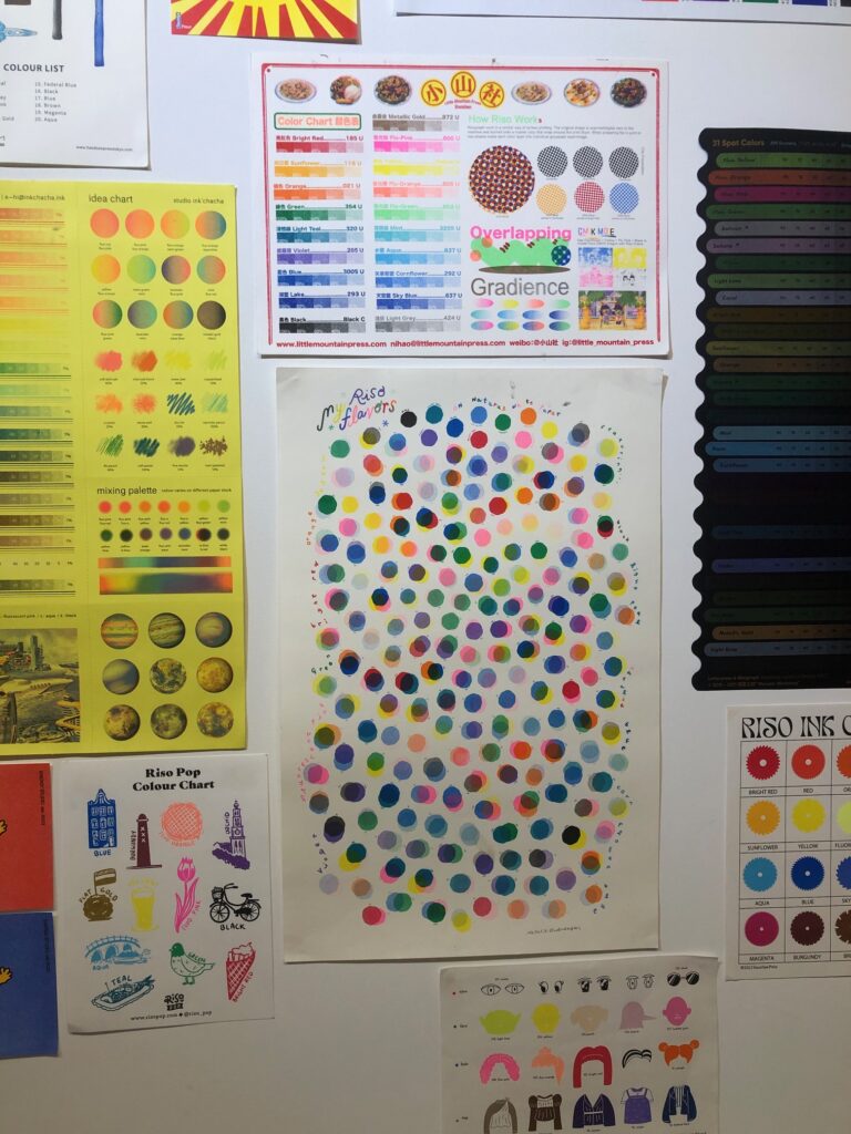 A wall of color charts